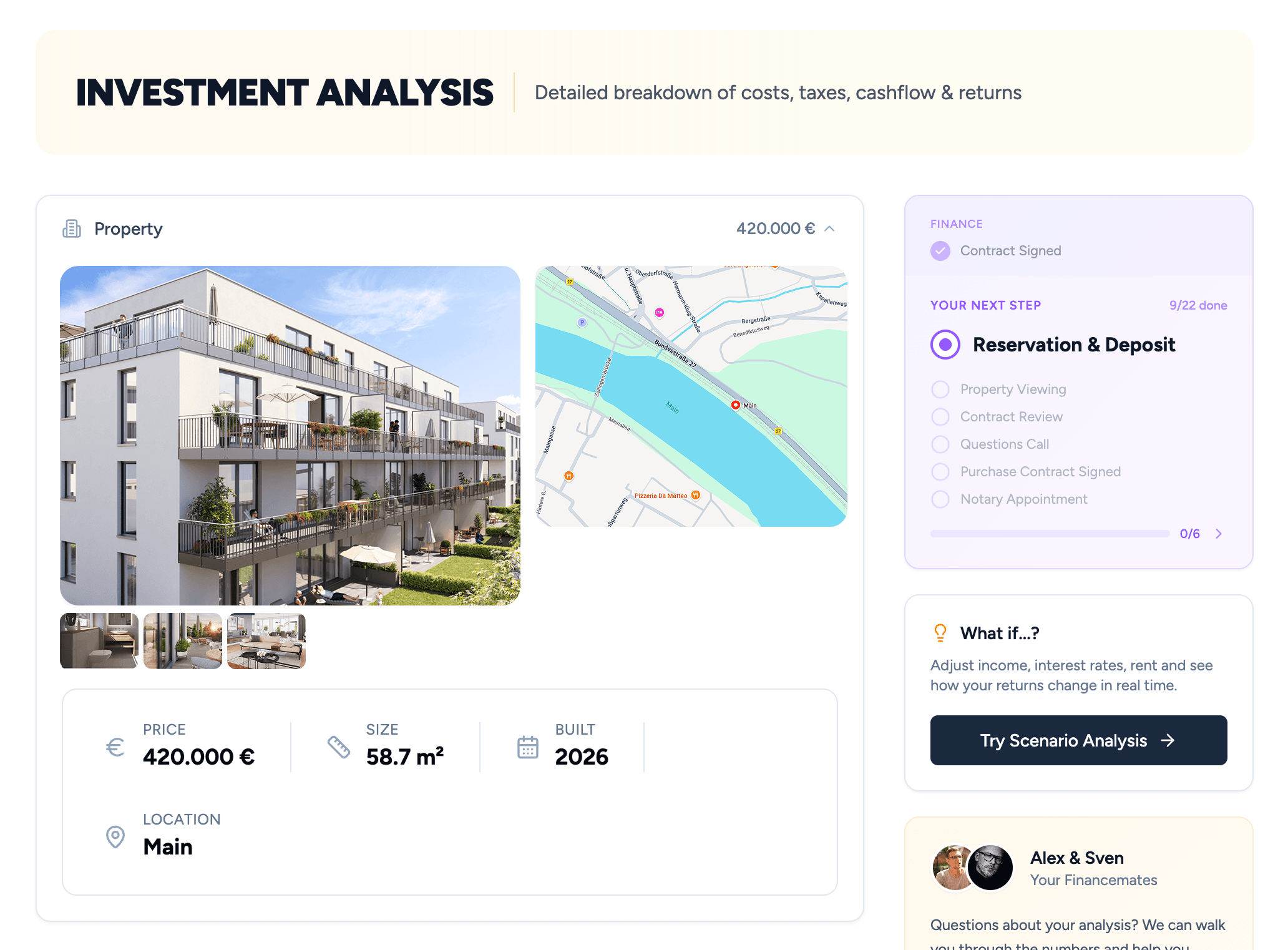 Investment analysis of a single property in the Financemate app