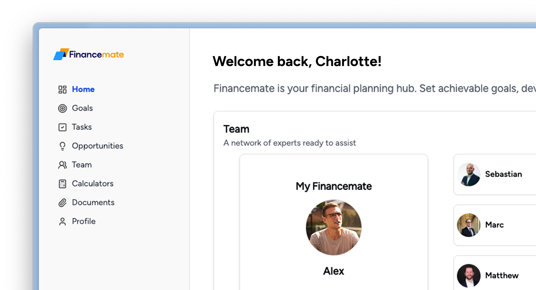 Screenshot of the Financemate dashboard